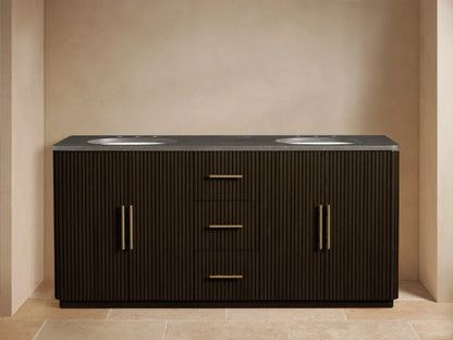 Open dark reeded wood Finnley Double Vanity cabinet with golden pull. Inside, a sponge in a white bowl and stacked white towels.