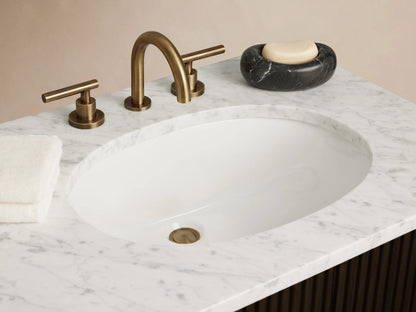Front view of a Finnley Double Vanity in dark brown wood with reeded texture, white marble countertop, two oval sinks, and brass hardware.