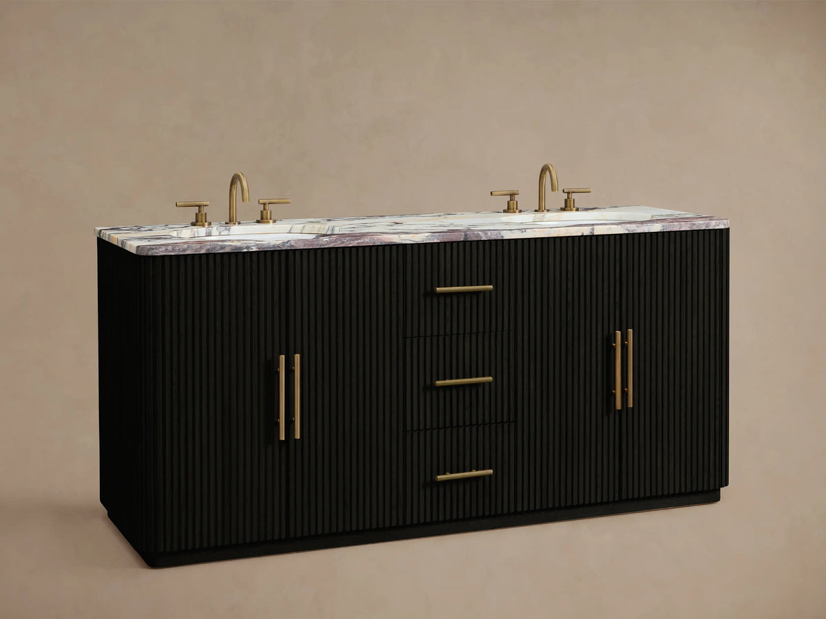 Finnley Double Vanity, black fluted wood with reddish-brown marble top. Open drawer shows white towels & bottles inside.