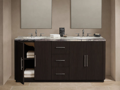 Finnley Double Vanity, dark ribbed wood, Calacatta Viola marble top, two sinks with polished nickel faucets. Left door open, towels visible.