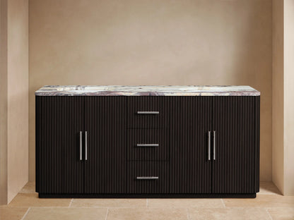Finnley Double Vanity, dark ribbed wood, Calacatta Viola marble top, two sinks with polished nickel faucets. Left door open, towels visible.