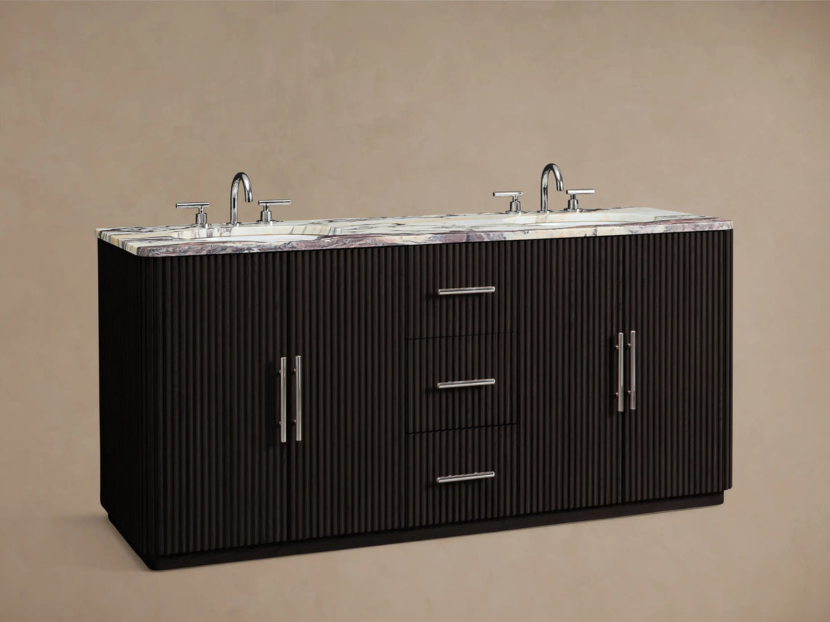 Finnley Double Vanity: Dark brown fluted cabinet, purple-veined Calacatta Viola marble top, polished nickel bar pulls. Front view.
