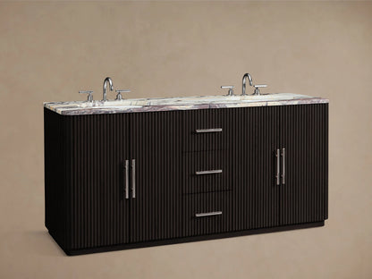 Finnley Double Vanity: Dark brown fluted cabinet, purple-veined Calacatta Viola marble top, polished nickel bar pulls. Front view.