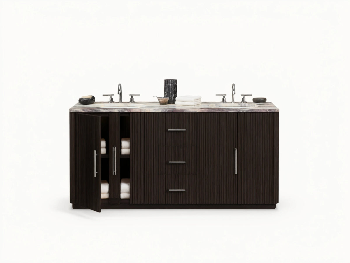 Finnley Double Vanity, dark ribbed wood, Calacatta Viola marble top, two sinks with polished nickel faucets. Left door open, towels visible.