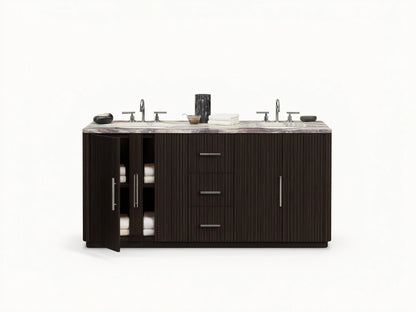 Finnley Double Vanity, dark ribbed wood, Calacatta Viola marble top, two sinks with polished nickel faucets. Left door open, towels visible.