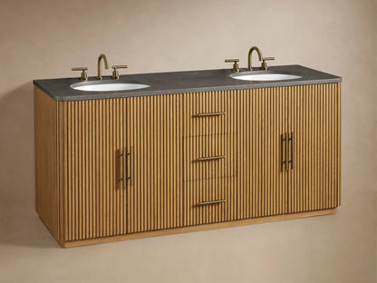 Open drawer of Finnley Double Vanity with vertical oak paneling and brass hardware, revealing neatly folded towels inside.