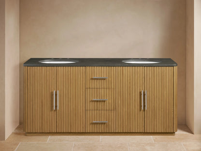 Finnley Double Vanity with oak wood finish, features two oval sinks, a dark stone countertop, open cabinet, and sleek hardware.