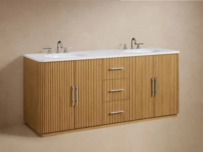 Finnley Double Vanity with oak wood ribbed surface, open drawer showing a towel and bottle, silver handles, and white marble top.