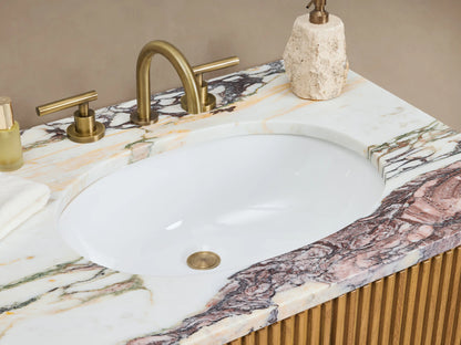 Finnley Double Vanity: Light oak wood with fluted doors, 3 central drawers, antique brass pulls, and purple-veined marble top.
