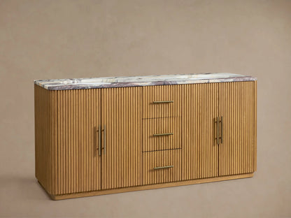 Finnley Double Vanity: Light oak fluted cabinet, white marble top with purple veining, 2 brass faucets, 3 drawers, 2 doors.
