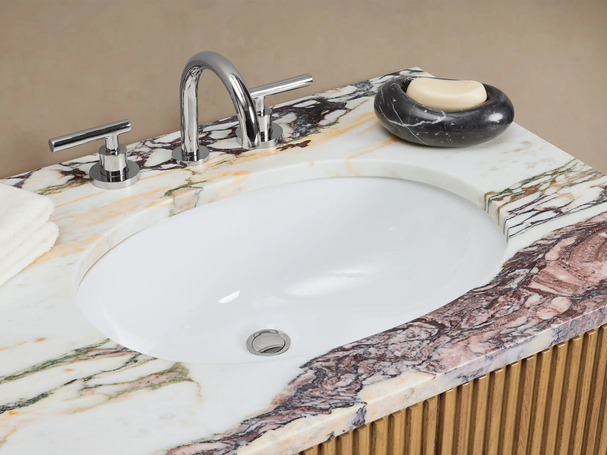 Finnley Double Vanity: Light oak with vertical fluting, purple-veined marble top, polished nickel pulls.