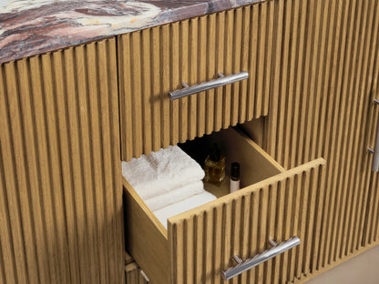 Finnley Double Vanity. Close-up of one white oval sink in unique multi-color marble countertop with wood slatted base.