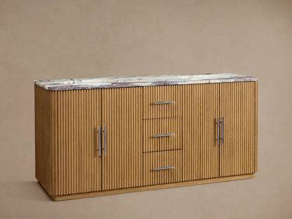 Finnley Double Vanity, light oak wood with vertical fluting, purple-veined marble top, two silver faucets & hardware.