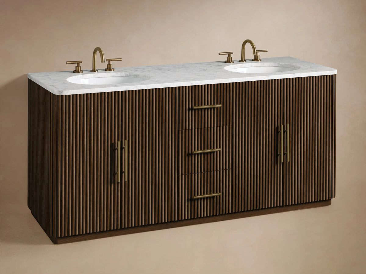 Close-up of Finnley Double Vanity, dark brown ribbed wood. One drawer with brass handle is open, showing folded white towels.