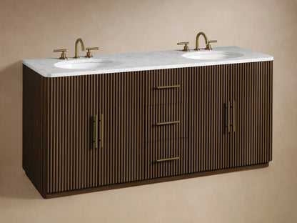 Close-up of Finnley Double Vanity, dark brown ribbed wood. One drawer with brass handle is open, showing folded white towels.