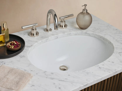 Dark wood Finnley Double Vanity with vertical fluting, white Carrara marble top, two sinks, 2 cabinets, 3 drawers with polished nickel pulls.