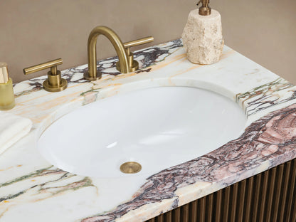 Finnley Double Vanity; dark brown fluted wood cabinet with Calacatta Viola marble top; 3 drawers, 2 doors each side; brass hardware.