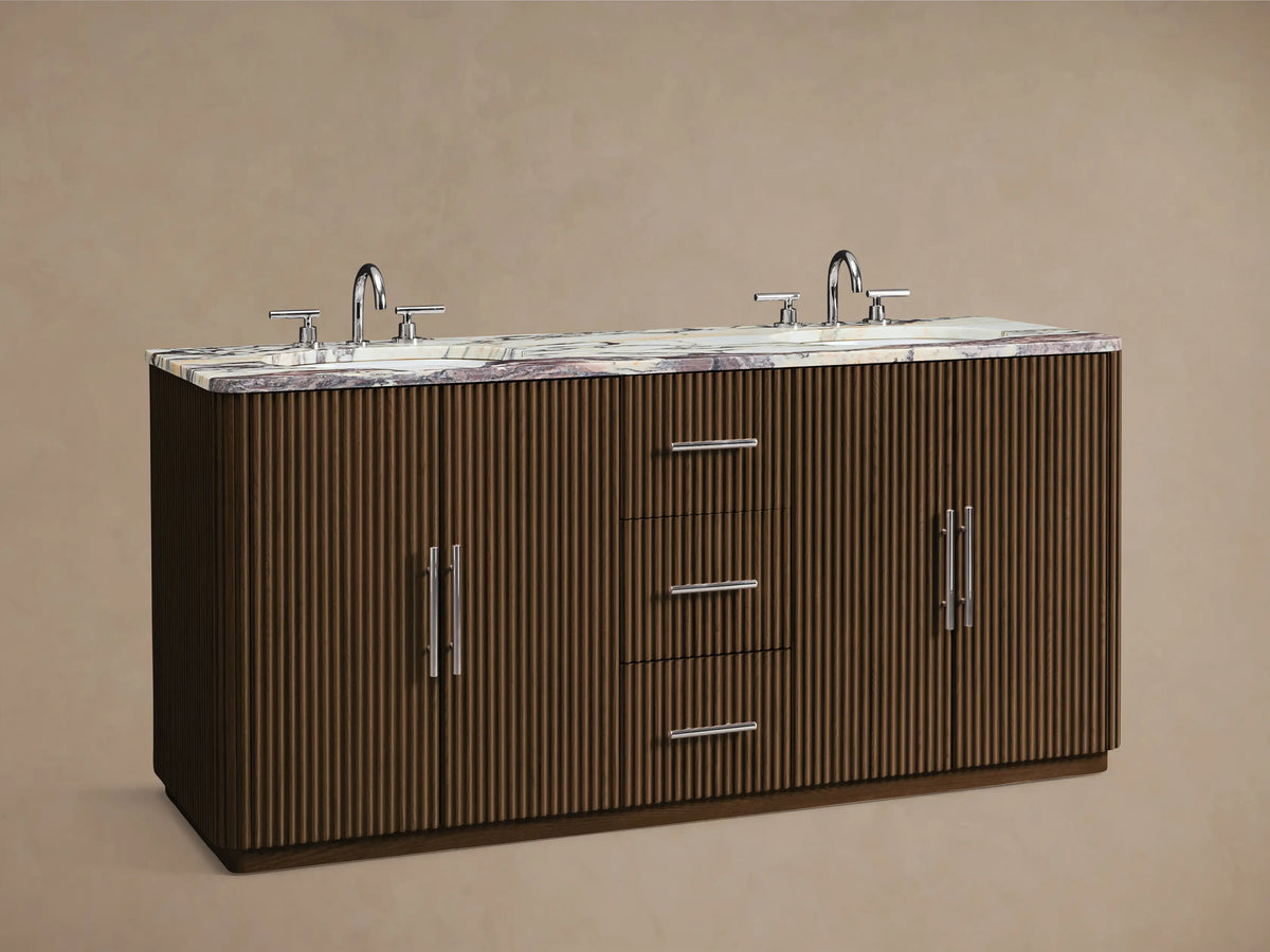 Finnley Double Vanity: dark brown fluted wood, light marble top with purple veining, polished nickel hardware, front view.
