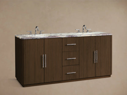 Finnley Double Vanity: dark brown fluted wood, light marble top with purple veining, polished nickel hardware, front view.