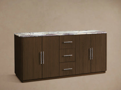Finnley Double Vanity: Dark brown ribbed oak cabinet, white marble top with purple veining, 2 polished nickel faucets, 3 drawers & 2 doors.
