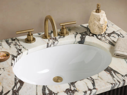 Finnley Single Vanity: dark, ribbed wood cabinet, white marble top with gray veining, gold vertical handles, front view.