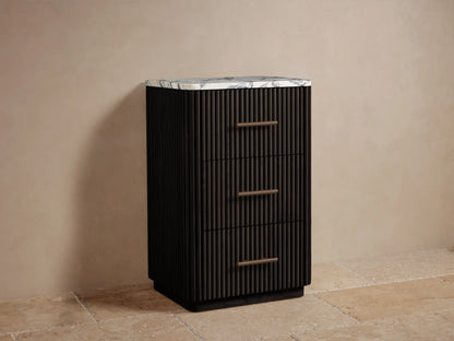 Finnley Short Bath Cabinet: dark slatted wood drawer, partially open, with an antique bronze handle & two cream towels.
