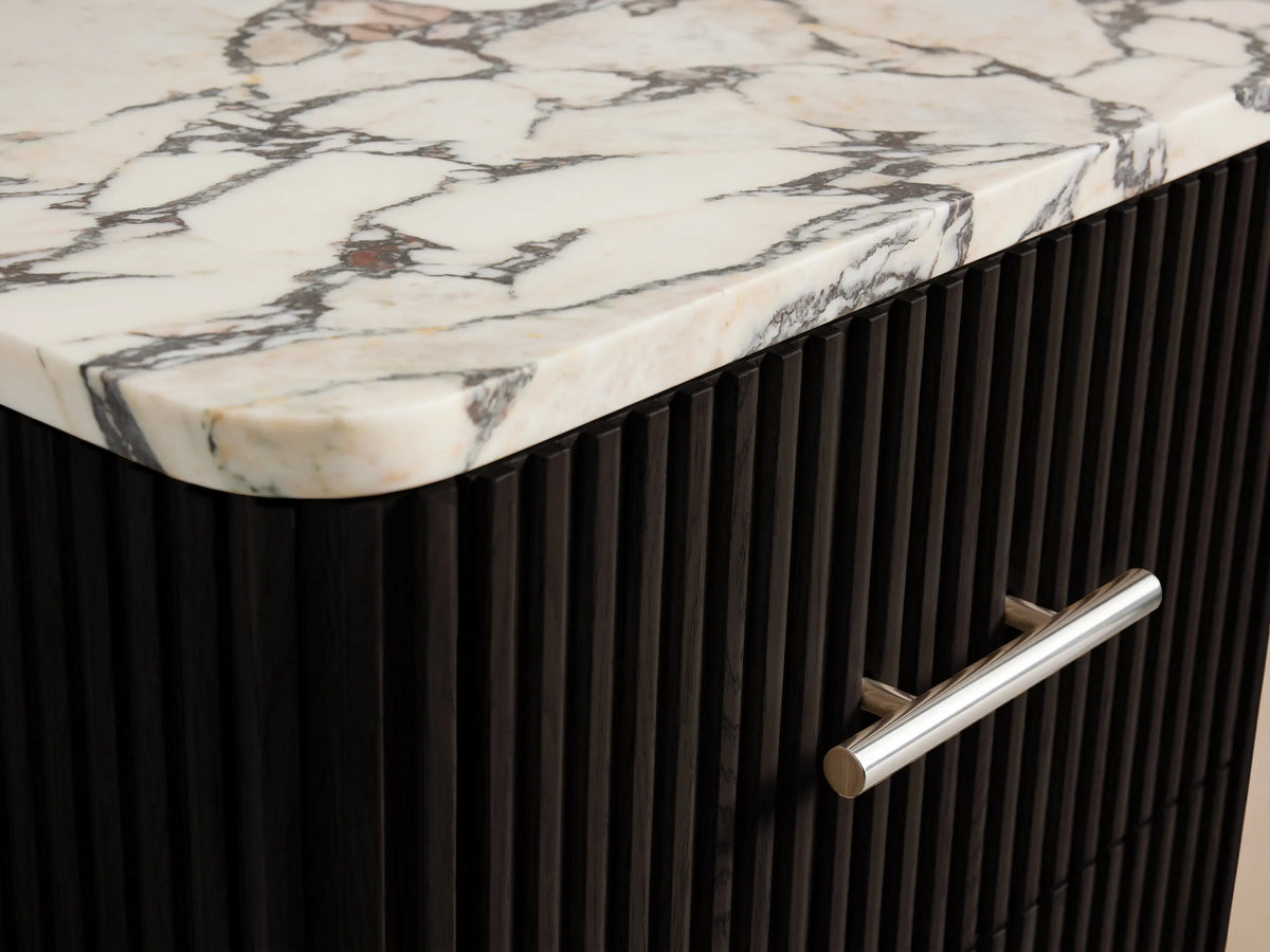 Finnley Short Bath Cabinet: Open dark oak drawer with ribbed front, polished nickel handle, holding two folded beige towels.