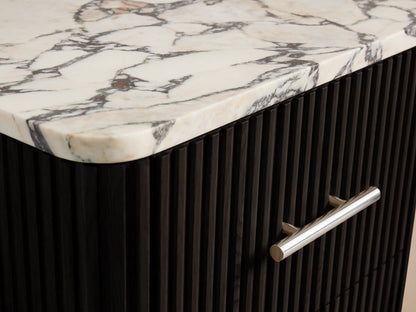 Finnley Short Bath Cabinet: Open dark oak drawer with ribbed front, polished nickel handle, holding two folded beige towels.