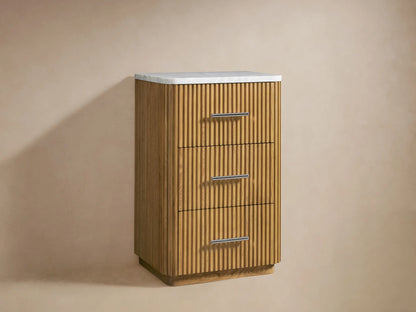 Finnley Short Etagere with vertical oak wood slats and a rounded Carrara marble top, featuring a polished nickel handle.