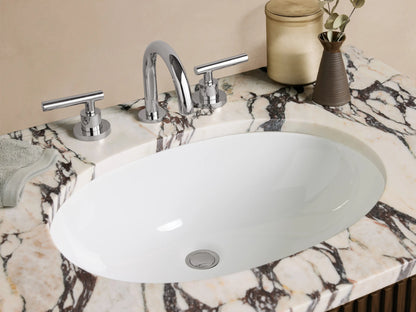 Finnley Single Vanity: dark brown fluted wood cabinet, white Carrara marble top with gray veins, two silver bar handles.