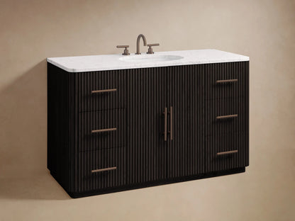 Close-up of Finnley Wide Single Vanity's dark fluted wood doors with antique bronze bar pulls. One door slightly open, revealing shelves.