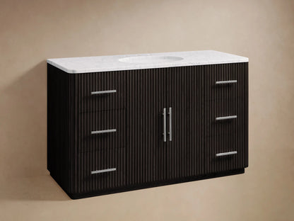 Finnley Single Wide Vanity with dark wood finish, marble top, integrated sink, metal handles, and ribbed texture front.