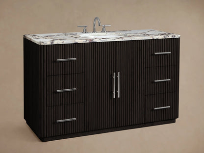 Finnley Wide Single Vanity: Dark brown ribbed wood, white veined marble top, polished nickel hardware, 2 doors, 6 drawers.