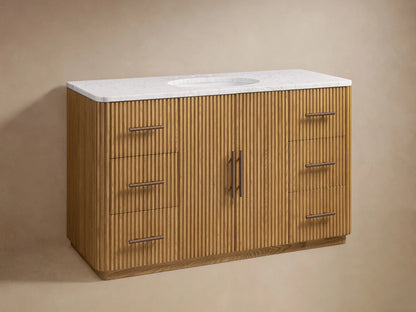 Finnley Wide Single Vanity, ribbed light oak, white marble top, oval sink, dark bronze faucet & hardware, two doors, 6 drawers.