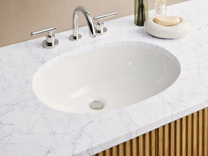 Finnley Single Wide Vanity with oak wood slatted design, featuring a white stone top and oval ceramic sink. Six drawers and central doors with polished nickel hardware.