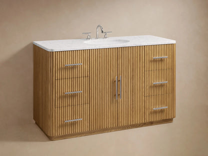Finnley Single Wide Vanity with natural oak finish, featuring vertical ridges, metallic handles, open cabinet with linens inside.