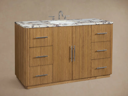Finnley Wide Single Vanity, light fluted oak wood, white marble top, white oval sink, chrome faucet, 5 drawers & doors.