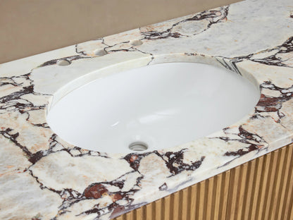 Finnley Wide Single Vanity with oval white sink, Calacatta Viola marble top with red-purple veins, polished nickel faucet.
