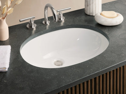 Finnley Wide Single Vanity with fluted dark brown wood cabinet, dark stone top with sink, and polished nickel hardware, front view.