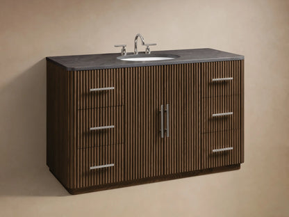 Finnley Wide Single Vanity: Close-up of dark brown ribbed wood cabinet, polished nickel bar pull, open to show shelves with box and towels.
