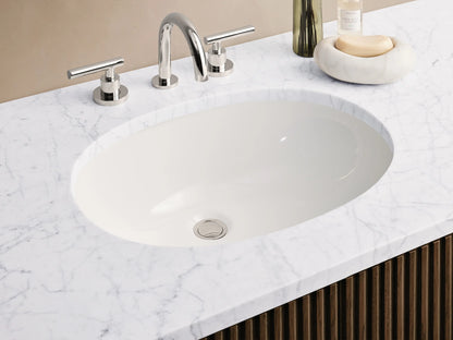 Finnley Wide Single Vanity: Dark brown reeded wood, white marble top with oval sink, six silver bar handles, front view.