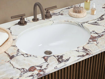 Finnley Wide Single Vanity, dark brown ribbed wood with white/reddish-brown marble top, oval sink, 6 drawers, and dark handles.