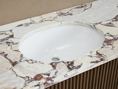Finnley Single Vanity with white oval sink, veined marble countertop, dark bronze faucet, and dark wood slatted base.