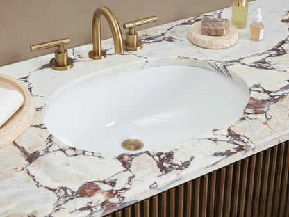 Finnley Wide Single Vanity, dark brown fluted wood, white marble top with oval sink & gold faucet, gold hardware.