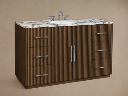 Finnley Wide Single Vanity, dark fluted wood, white marble top with oval sink. Six drawers, two doors, polished nickel pulls.