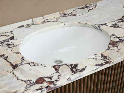 Finnley Single Vanity: White oval sink in Calacatta Viola marble top with red veining, polished chrome faucet, slatted wood base.
