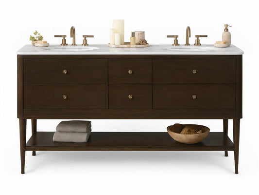 Laurent Double Vanity: dark brown wood with white marble top, two sinks, bronze faucets, six drawers, and open shelf.