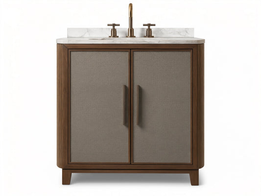 Malone Powder Vanity: Dark wood frame, gray shagreen cabinet doors, bronze handles, white marble top with faucet & sink.