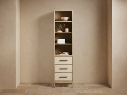 Tall Malone Bath Cabinet, bone finish oak. Open shelves hold towels & decor; 3 drawers have light faux shagreen fronts.