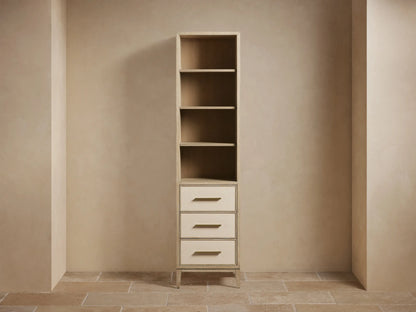 Tall Malone Bath Cabinet, bone finish oak. Open shelves hold towels & decor; 3 drawers have light faux shagreen fronts.